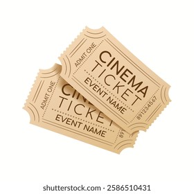 3D illustration of two vintage-style cinema tickets with perforated edges, symbolizing movie admission, entertainment, and cultural events.