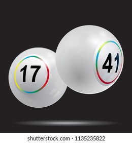 Ilustración 3D de dos bolas de lotería de Bingo Blanco con anillos arcoiris sobre fondo negro
