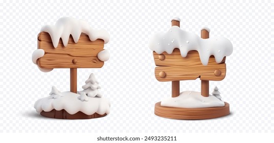 3D illustration of two wooden signs covered with snow, surrounded by small snow-covered pine trees. The signs are designed with a cartoonish style, perfect for holiday, winter, and Christmas