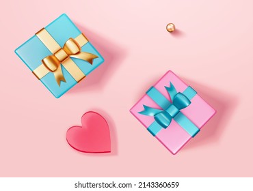 3D Illustration of two wrapped gift boxes, small metallic ball, and a red heart decoration isolated on pink background in flat lay