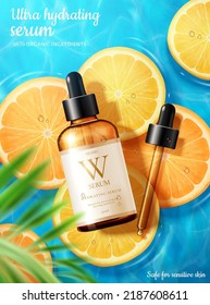 3d illustration of ultra hydrating facial serum ad, designed with sliced tangerine floating on water and realistic dropper bottle, summer skincare concept.