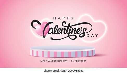 3D illustration of Valentines Day and pink theme product display background with 3d heart decoration and podium.