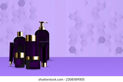 3d illustration of various luxury purple cosmetic container mock-ups, including jar, pump bottle, cream tube, and dropper, on white background.