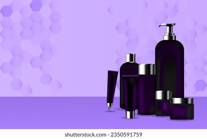 3d illustration of various luxury purple cosmetic set container mock-ups, including jar, pump bottle, cream tube, and dropper.