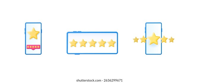 3d illustration of various mobile phones and a tablet showing five golden stars rating feedback. Customer service concept.