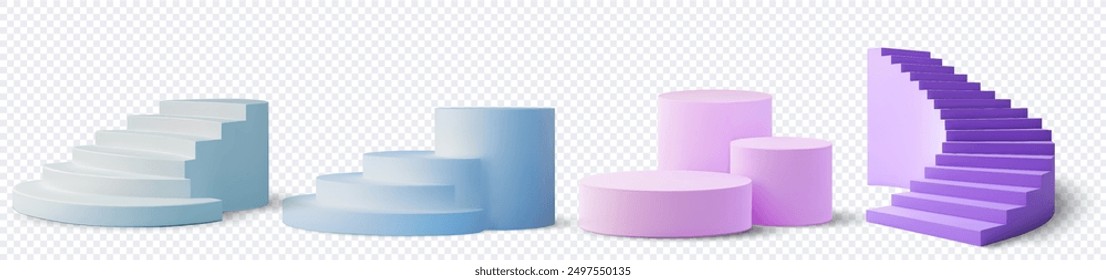 3D illustration of various pastel-colored podiums and staircases, ideal for product display and presentation on a transparent background. Vector illustration