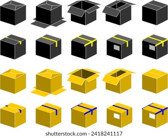 3D illustration of various types of packaging boxes isolated on white background, ready for design elements. Box condition: open, closed, sealed, labeled, temporary packing, black and brown.