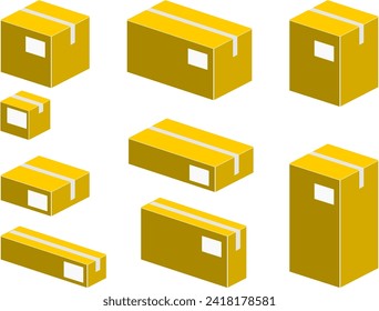 3D illustration of various types and sizes of closed and labeled packaging boxes isolated on white background