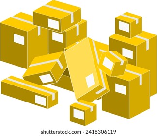 3D illustration of various types and sizes of closed and labeled packaging boxes in a messy condition isolated on a white background