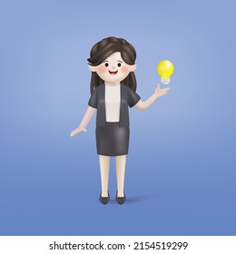 3d illustration vector cute businesswoman get idea with light bulb symbol. 3d vector cartoon design.