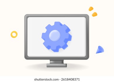 Vetor de ilustração 3D, ícone de engrenagem. configurações do sistema e configuração de software em uma tela de computador. Suporte de TI, desenvolvimento de software