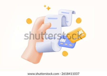 3D illustration vector, hand holding a receipt with credit cards and coins. finance, payment processing, billing, and e-commerce content