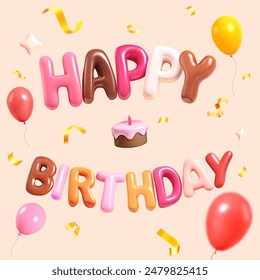 3d illustration vector Happy birthday card, 3d lettering, balloons, confetti, cake, pastel colors, square composition.