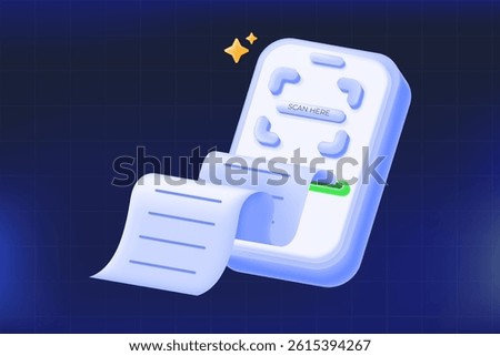 3D illustration vector, mobile receipt scanner. SEO digital receipt mobile, QR code scanner and paperless billing, modern payment or shopping app content