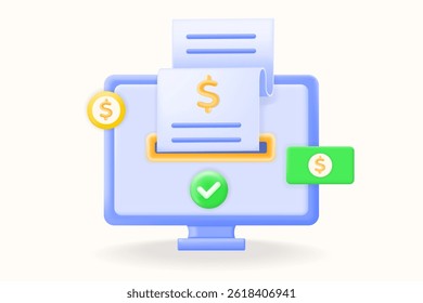 3D illustration vector, online billing and payment processing. Secure digital invoice with money transaction, computer screen. commerce, and online payment solutions