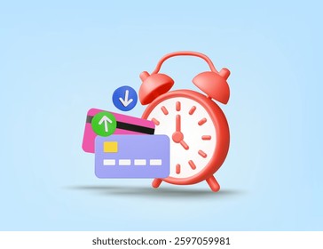 3D illustration vector render of alarm clock icon, credit card and up and down arrows. Concept of debt management and wise credit card usage. Interest, repayment on time, cost control.