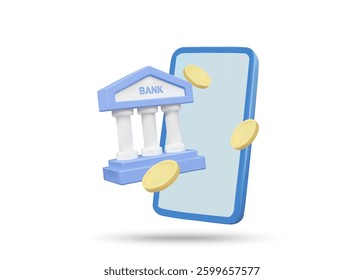 3D illustration vector render of bank icon, coins and mobile phone. Concept of financial transaction through banking application deposit, withdrawal, transfer money isolated on white background.