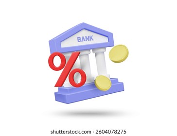 3D illustration vector render of bank icon, percentage, and coin. Interest rate and financial investment concept. Service, return, investment, profit. Isolated on white background.