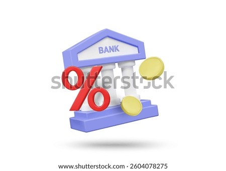 3D illustration vector render of bank icon, percentage, and coin. Interest rate and financial investment concept. Service, return, investment, profit. Isolated on white background.