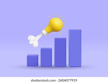3D illustration vector render of bar graph icon and light bulb with smoke rising. New idea concept that can lead to business and financial growth. Trend, economic growth, creativity, innovation.