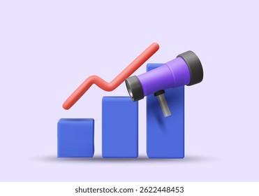 renderização vetorial de ilustração 3D de ícone binocular com gráfico de linha de tendência futura crescente. Símbolo ou conceito de previsão de negócios, planejamento de investimento e visão de oportunidades futuras.