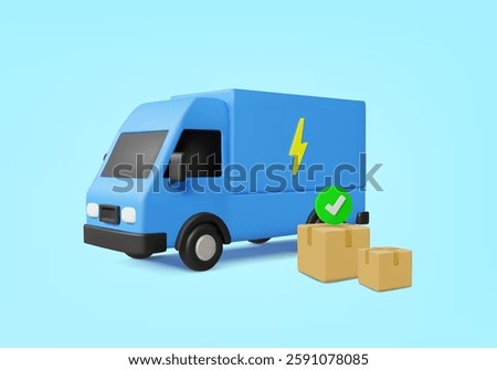 3D illustration vector render of blue solid electric truck icon with lightning bolt symbol and parcel box with check mark. Clean energy transportation concept. Eco-friendly logistics service