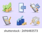 3D illustration vector render of business finance concept icons set, spending, calculation, growth and transaction security. Includes card reader, smartphone, credit card, calculator, bar graph,shield