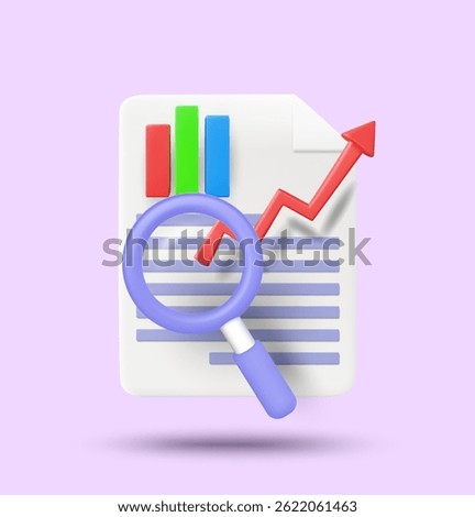 3D illustration vector render business document icon showing uptrend graph with magnifying glass in front. Concept of business analysis, data report, financial growth. Check the financial report.