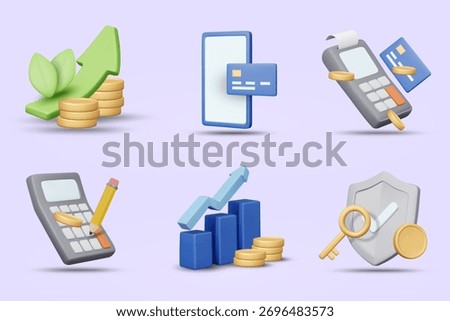 3D illustration vector render of business finance concept icons set, spending, calculation, growth and transaction security. Includes card reader, smartphone, credit card, calculator, bar graph,shield