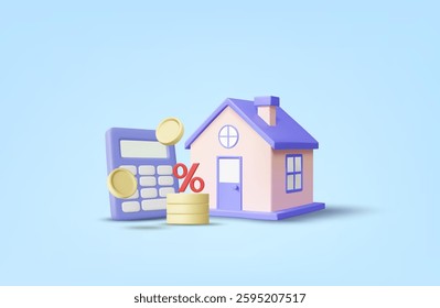 3D illustration vector render of calculator icon with house with stack of coins and percent sign. Loan interest or home tax concept. Calculating and managing expenses related to real estate investment