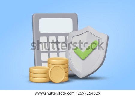 3D illustration vector render of calculator icon with gold coin shield, check mark, security concept, finance management, calculation, accounting system for auditing, bank, planning.