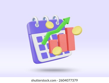 3D illustration vector render of calendar icon, up arrow graph, and coin. Financial planning concept and income growth over time, profit, return, investment, economy, long term.