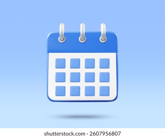 3D illustration vector render calendar icon. Concept of planning, scheduling or setting important dates, tracking, events, activities, time management, appointments, goal setting, future, daily plan.