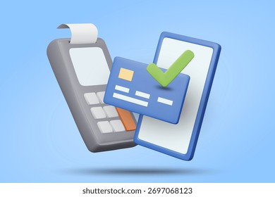 3D illustration vector render of card swiper icon, smartphone and credit card with check mark. Fast, secure and convenient digital payment concept for shops, online systems, fintech.