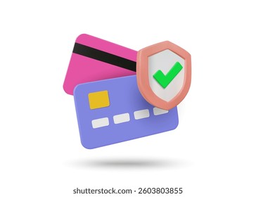 3D illustration vector render of credit card, debit card, and shield with check mark icon. Concept of security in financial transaction, spending, digital, protection, isolated on white background.