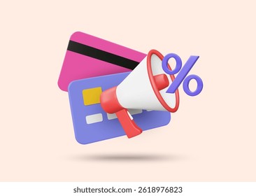 3D illustration vector render of credit card icon megaphone and percentage isolated on light color. Finance marketing topic concept, promotion campaign, privilege announcement, communication, discount