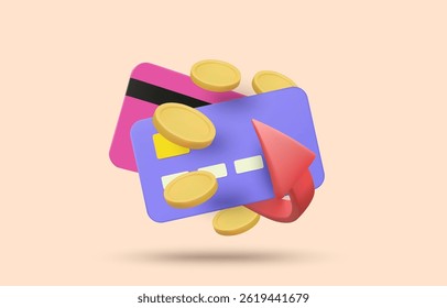 3D illustration vector render of credit card icon, spiral arrow and rotating coins. Concept of financial transaction, credit score accumulation, cashback on purchase of goods or services.