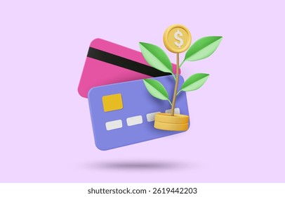 3D illustration vector render of credit card icon with money tree or money fruits growing from branches. Concept of growth, investment, wealth management, smart finance, passive income, planning
