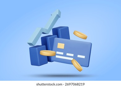 Ilustración 3D Vector render de la tarjeta de crédito con gráfico de barras y monedas de oro. Concepto de pago, análisis de gastos, crecimiento económico, fintech, App bancario, presentación de datos financieros.