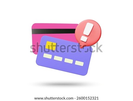 3D illustration vector render of credit card, debit card and warning sign icon. Concept of risk and caution in using cards, overspending, debt or financial problems isolated on white background.