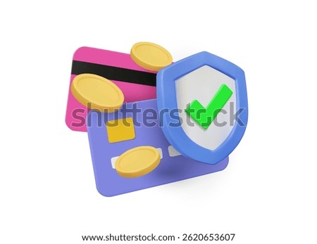 3D illustration vector render of credit card icon, coin and shield with check mark isolated on white. Concept of secure payment, approval, financial protection, e-wallet, online banking security.