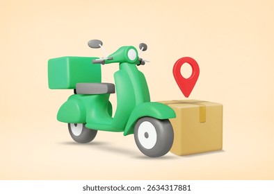 3D ilustração vetor renderização de entrega scooter estacionado ao lado de uma caixa de encomendas com um pino de localização em cima da caixa. Conceito de destino de entrega, rastreamento de encomendas, identificação do local de entrega.