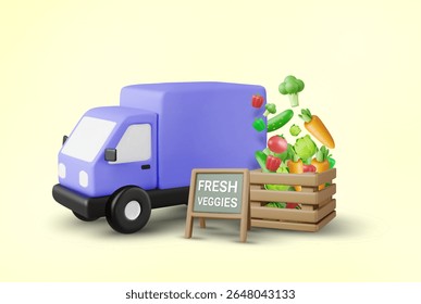 3D ilustração vetor renderização de caminhão de entrega com caixas de madeira cheia de vegetais frescos sortidos com sinal de vegetais frescos. Conceito de transporte de produtos hortícolas frescos da exploração agrícola para o mercado ou para casa.