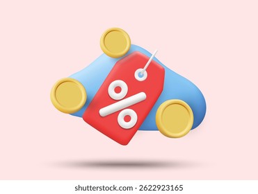 3D illustration vector render of discount sign icon placed on cloud with gold coins. Online promotion concept, special discount or special deal on digital platform.