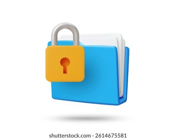 3D illustration vector render of document folder icon with padlock in front isolated on white background. Concept of data security, encryption, privacy and data access protection.