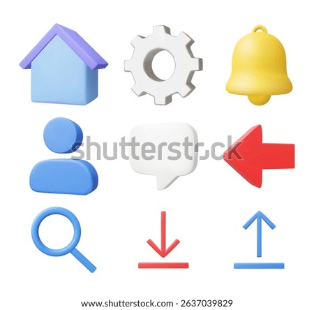 3D Illustration Vector Render Essential UI Icon Set Home Icon Gear User Profile Magnifying Glass Notification Bell Message Bubble Straight Arrow Upload, Download Isolated On White