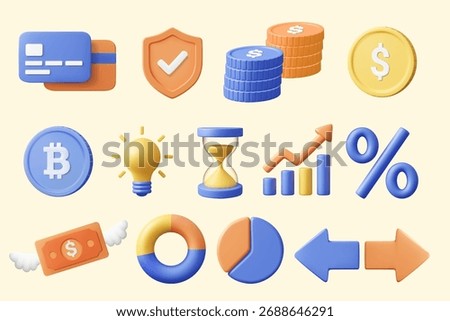 3D illustration vector render of finance icons set: credit card, shield, stack of coins, dollar, bitcoin, light bulb, hourglass, graph, percentage, winged banknote, circle graph, pie graph, arrow.