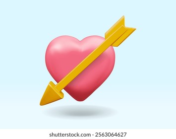 3D illustration, vector render of a floating pink heart icon with a golden arrow through the heart. on a light blue background It represents the concept of love, romance, passion, and falling in love.