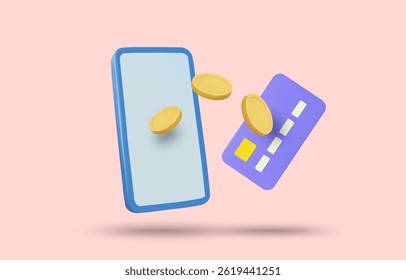 3D illustration vector render of floating coin icon from credit card to mobile phone concept e-payment, mobile top-up, cashless transaction, credit to wallet, online shopping ,digital payment