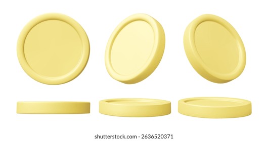 3D illustration vector render of gold coin front, side and angle view isolated on white background. Conveys money, wealth, accumulation, investment and finance. Minimal.